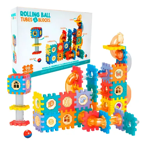 Laberinto Con Bloques Y Tubos Bolitas Rolling Ball 98 Pzs Color Celeste