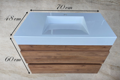 Mueble De Baño Flotante 2 Cajones Lavabo 70cm Tocador Nogal