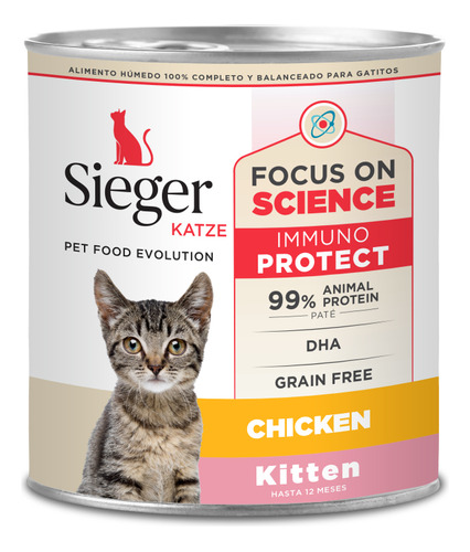 Alimento Sieger Katze Kitten para gato de temprana edad de raza pequeña sabor pollo en lata de 340 grs