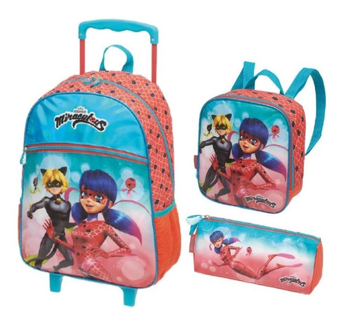 Mochila Rodinhas Lancheira Estojo Triplo Miraculous Be Brave