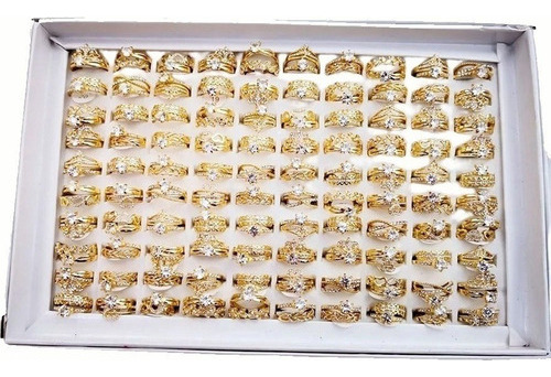 Lote Caja 50 Anillos Acero Dorado Mayoreo Negocio Moda