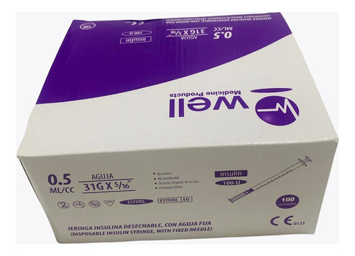 Jeringa De Insulina 0.5ml X 31gx5/16 (0.26x8mm) Caja X 100 