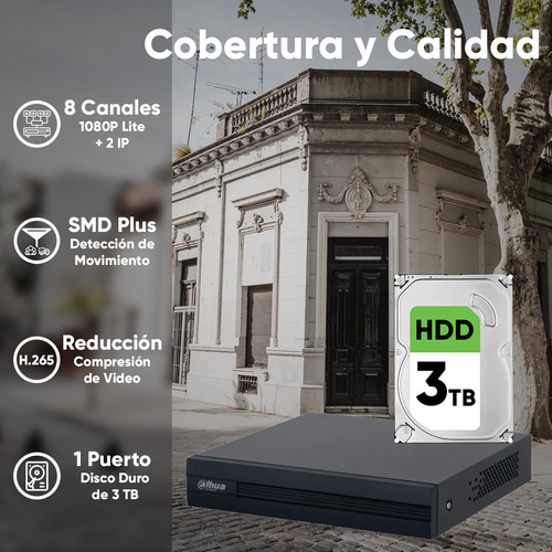 Kit Videovigilancia Cronos 6 cámaras Dahua Metálicas bala HFW1200CMN Con audio 2MP + HDD 3TB + Baluns + Accesorios - Kit CCTV DH-KIT-MET6CH-PLUS5N (Dvr dahua XVR1B08-I circuito cerrado)