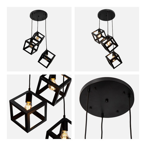 Imagen 2 de 8 de Lámpara Colgante Moderno Negro 40w E27 3 Luces