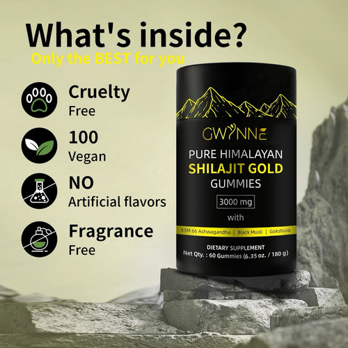Gwynne Shilajit Gummies Puro Del Himalaya 3000mg Apto Para Hombres Y Mujeres 85 Micronutrientes Natural 60 Gommies 100% Orgánico
