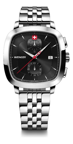Wenger Reloj Vintage Classic Chrono 39.5 Mm, Negro Correa Plateado Bisel Plateado