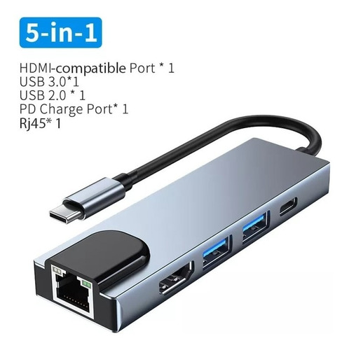 Adaptador Tipo C A Hdmi 4k Usb 3.0 Lan 5 En 1 Multipuerto 4k