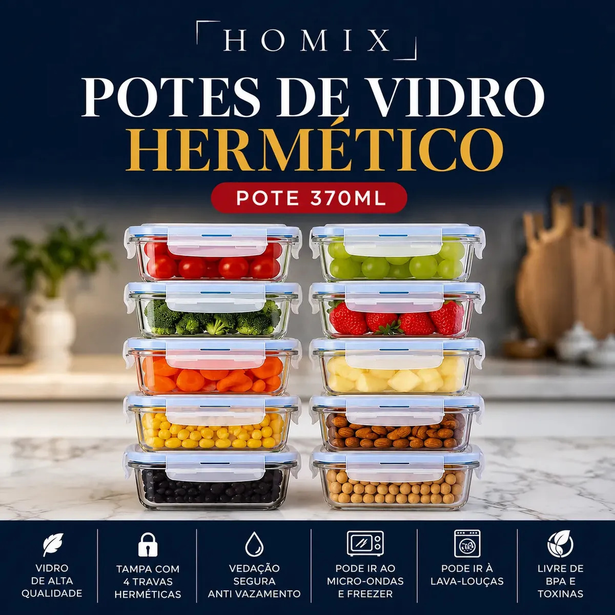 Kit 10 Potes Vidro Hermético 370ml Marmita Premium