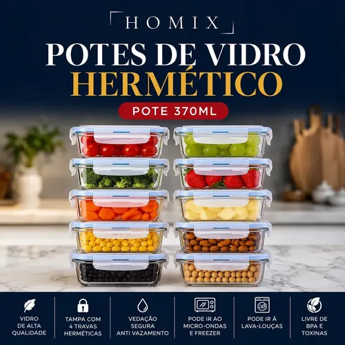 Kit 10 Potes Vidro Hermético 370ml Retangular 4 Travas Marmita Premium Homix