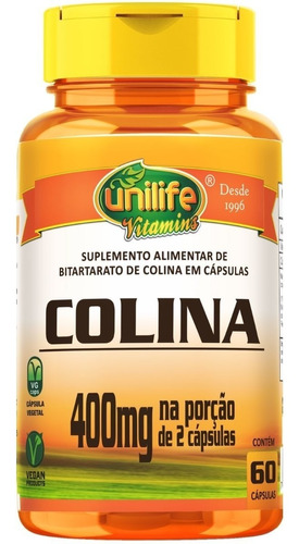 Colina 400 mg 60 cápsulas veganas Unilife para hígado, cerebro y cardio