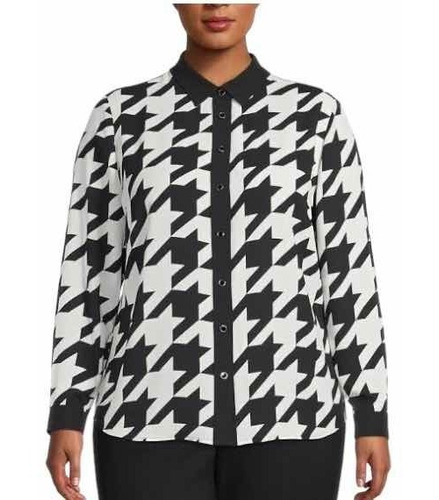 Anne Klein Houndstooth Button-down Blouse Blusa P/dama