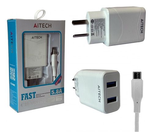 Cargador De Pared Aitech Fast Charger 5.8a 2 Usb Tipo C