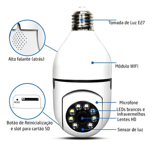 Câmera Segurança Yoosee Lâmpada Rotativa Panorâmica Wifi Espiã Com Câmera Lâmpada Branca Ip66