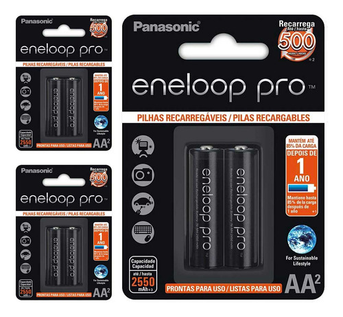 6 Pilhas Recarregaveis Eneloop Pro Aa Panasonic (3 Cartelas)