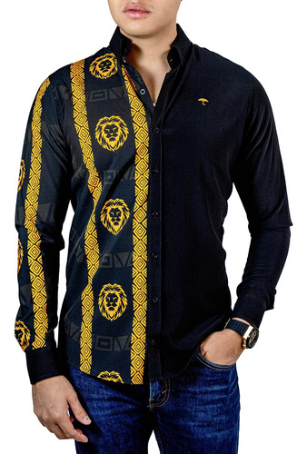 Camisa Hombre Casual Slim Franja Leones - Negra Alexis Roman