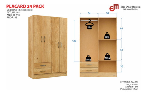 Placard Ropero 4 Puertas Pack Mosconi 24 Pack Bambu