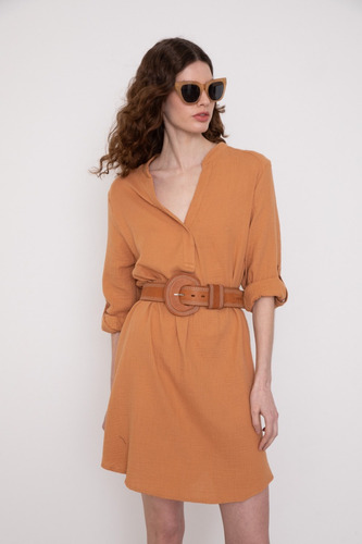 Cinto De Cuero Con Costura Artesanal Marron Mujer Portsaid Color Sandstone Diseño de la tela Liso Talle S/M