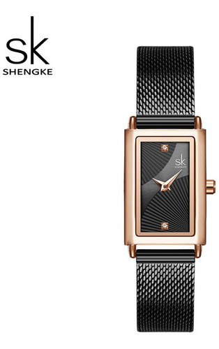 Relógios impermeáveis quadrados Shengke Mesh Belt, cor preta