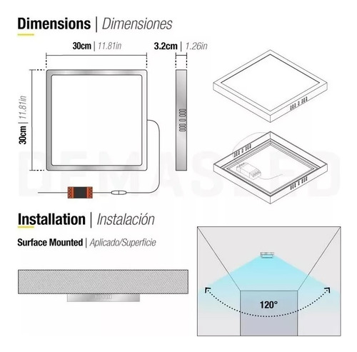 Foco Panel Led 24w Plafón Cuadrado 30x30cm Marco Plateado Sobrepuesto Luz Blanco Frio 6000k 220v Demasled