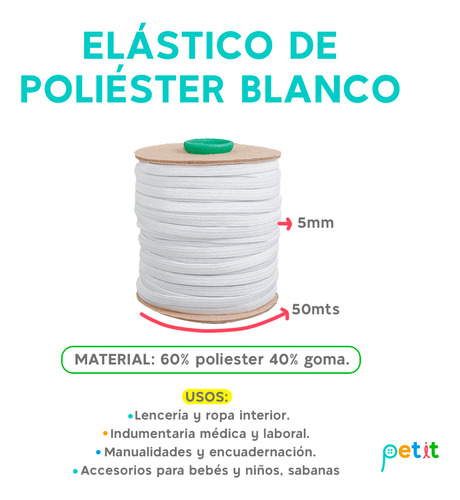 Elastico De Poliester Cordon De Oro Art.3002 Blanco 5mm X50m Liso Blanco