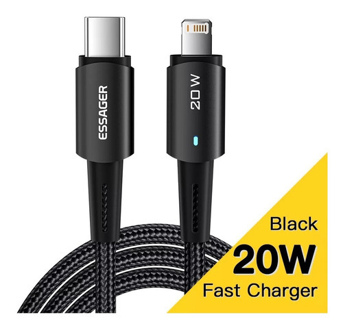 Cable USB C tipo C de 20 W para iPhone 8 X 11 12 Essager, color negro