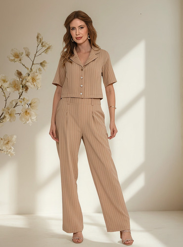 Conjunto Bisô Camisa E Calça Alfaiataria Risca De Giz Bege