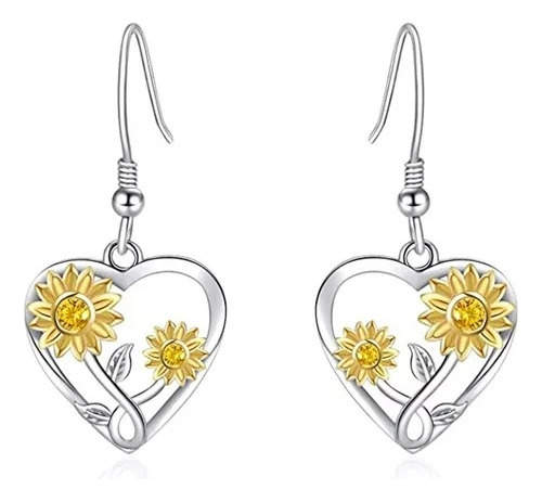 Aros Girasol Corazon Pendiente Plata 925 Mujer Joya Juvenil