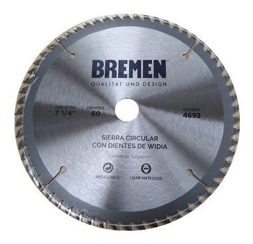 Hoja Sierra Circular 184 Mm 7 1/4 Mdf  Bremen 60d Melamina Terciado Aglomerado Plastico Aluminio 