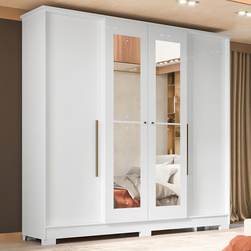 Guarda-roupa Casal Monaco 4 Portas 2 Gavetas Com Espelho Cor Branco