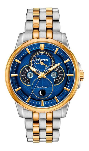 Citizen Calendrier Moonphase Blue Dial Bu0054-52l . Dcmstore Color de la correa Dorado Color del bisel Dorado Color del fondo Azul