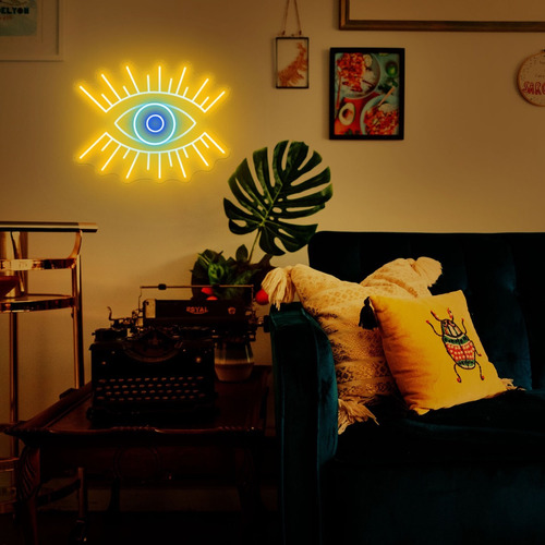 Letrero Luz Neon Ojo Turco Evil Eye Mystic Con Atenuador Led Color Amarillo + Azul
