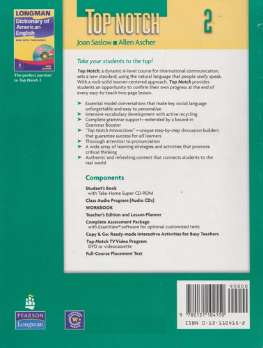 Top Notch 2 Workbook, De Joan Saslow. Editorial Pearson, Tapa Blanda, Edición 1a. Edición En Inglés, 2006