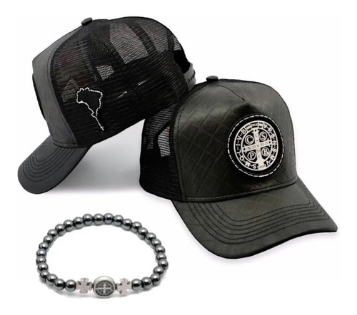 Kit Boné São Bento Trucker Cruz Preto Top + Pulseira Pedras