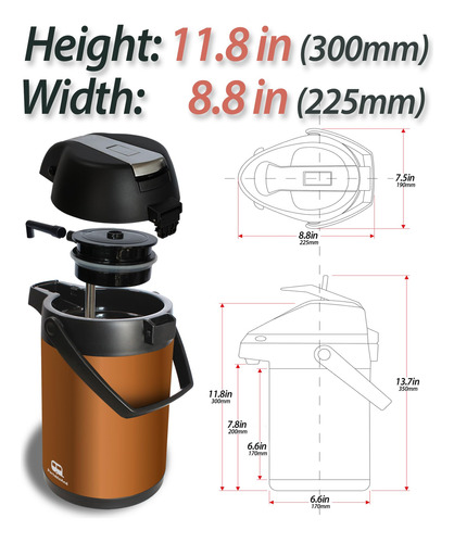 Jarra De Café Aislada Al Vacío, 3l, Bomba, Acero Inoxidable.