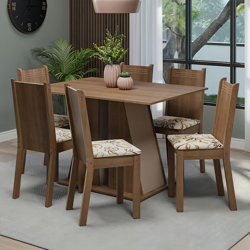 Mesa de comedor con tapa de madera, 6 sillas Sharon Madesa Rcl, color rústico/crema/lirio, diseño de la tela de las sillas Lily