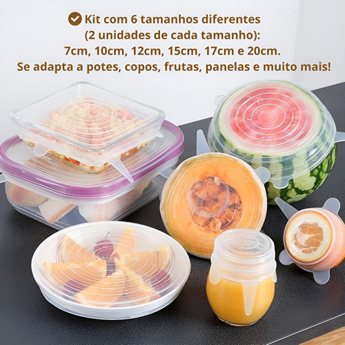 Kit 12 Tampas Silicone Universal Ajustável Reutilizavel Pote