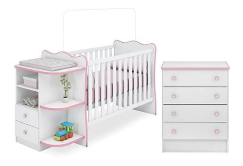 Imagem 4 de 10 de Jogo De Quarto Infantil Berço Cômoda Doce Sonho Branco Rosa