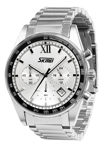 Reloj pulsera Skmei 9096 con correa de acero inoxidable color plateado - bisel negro/plateado
