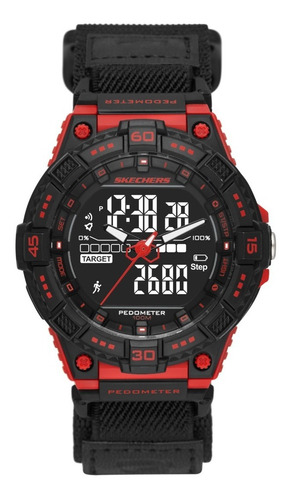 Reloj de pulsera Skechers SR1128 de cuerpo color negro y rojo, analógico-digital, para hombre, fondo negro, con correa de nylon color negro, agujas color negro, blanco y rojo, bisel color negro y rojo