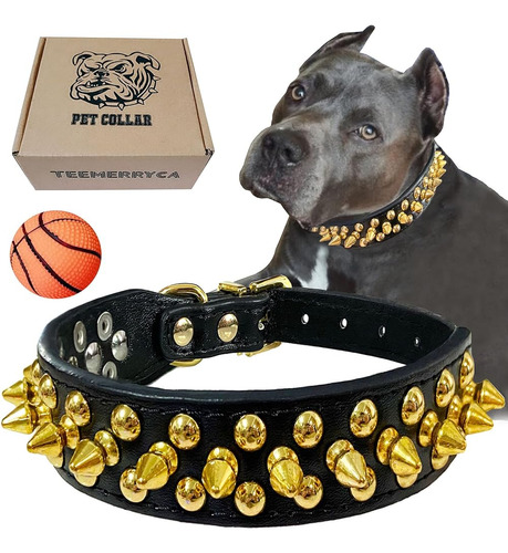 Teemerryca Collar De Perro De Cuero Negro Con Púas De Oro Pa