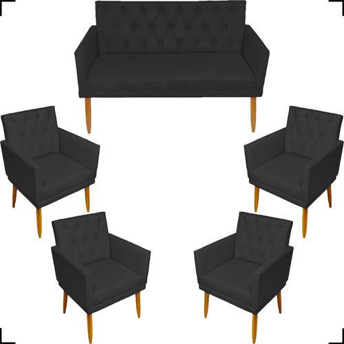 Kit Sofá 2 Lugares Reforçada Recepção Capitonê + 4 Poltronas Cor Preto Desenho Do Tecido Suede Liso