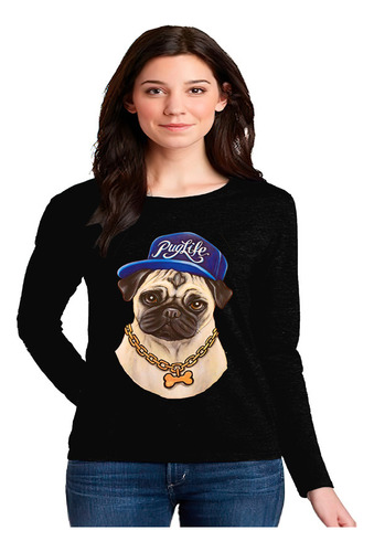 Polera Manga Larga 100% Algodón Perrito Pug Life Gorra C-396