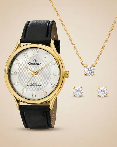 Kit Relógio Champion Feminino Dourado Couro