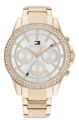 Reloj Tommy Hilfiger Haven Para Dama Correa Dorado Bisel Dorado Fondo Dorado