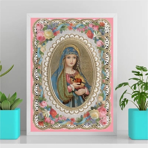 Quadro Sagrado Coração De Maria - Vintage 33x24cm Branca