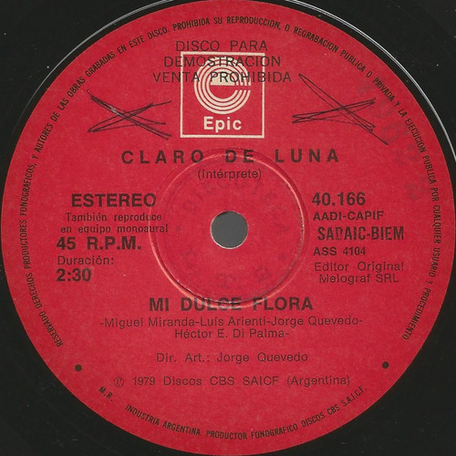 Claro De Luna / Mi Dulce Flora - Simple Vinilo Promo