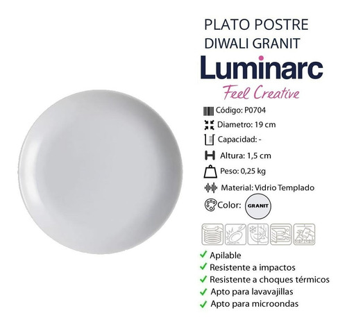 Plato Postre De Vidrio Templado Luminarc Diwali 19 Cm 