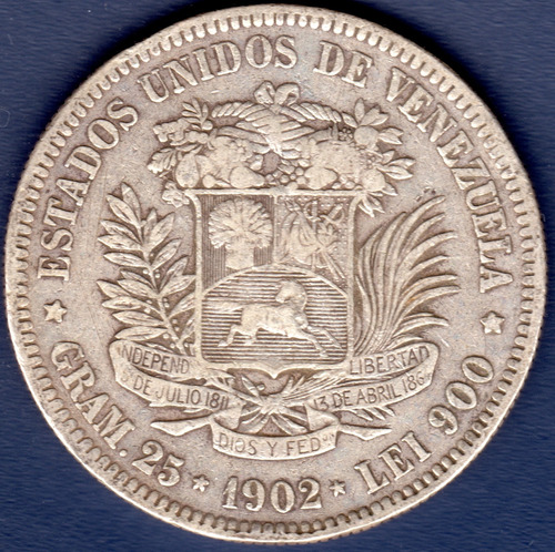 Moneda De 5 Bolívares De 1902 Fuerte De Plata