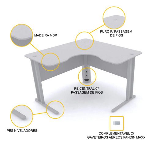 Mesa Em L P/ Escritório 120x120 Pandin Maxxi - Cinza Cinza