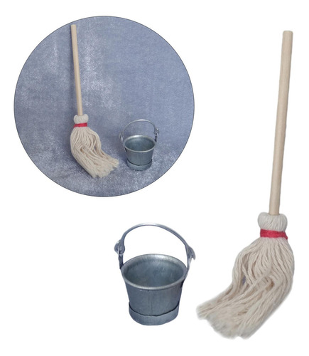 2 Tiny Mop And Bucket Set 1:12 Dollhouse Accessories Party